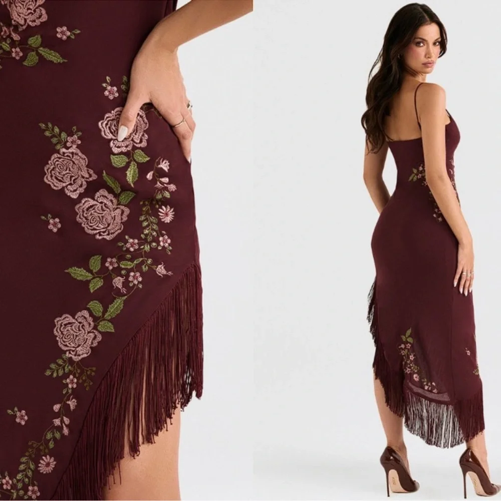 NWOT HOUSE OF CB Eloisa Wine Embroidered Fringe high low Midi Dress sz M - Picture 2 of 8